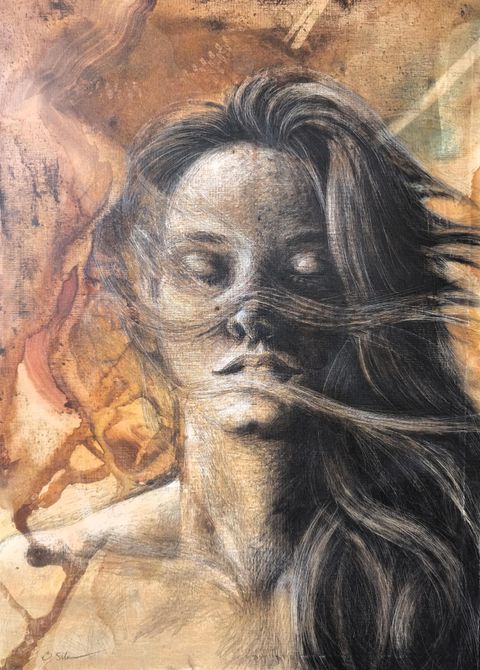 Ein künstlerisches Porträt einer Frau mit langen Haaren, das emotionale Tiefe vermittelt. Die Hintergrundfarben sind erdig und tragen zur dramatischen Wirkung des Bildes bei.