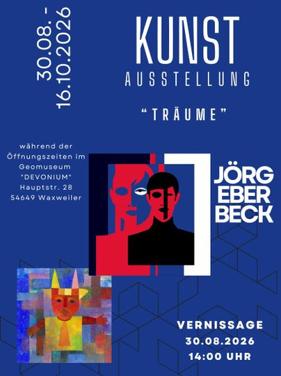 Ein Plakat für eine Kunstausstellung mit dem Titel "Träume". Es zeigt stilisierte Gesichter und ein buntes Kunstwerk, begleitet von den Details zur Vernissage.