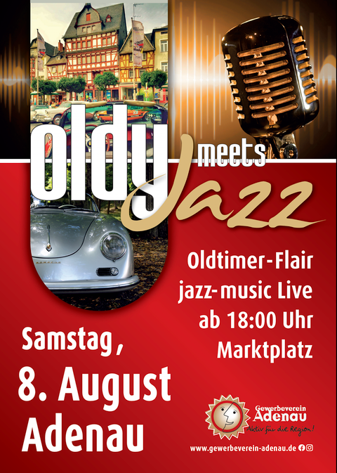 Une affiche pour un événement de jazz à Adenau intitulé « Oldy meets Jazz ». Elle montre une vieille face de voiture et une silhouette de microphone, la date et le lieu sont également indiqués.
