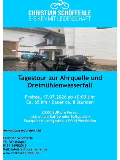 An advertisement poster for an e-bike tour to the Ahr Source and Dreimühlen Waterfall. The tour takes place on Friday, July 17, 2026, and lasts approximately 8 hours.