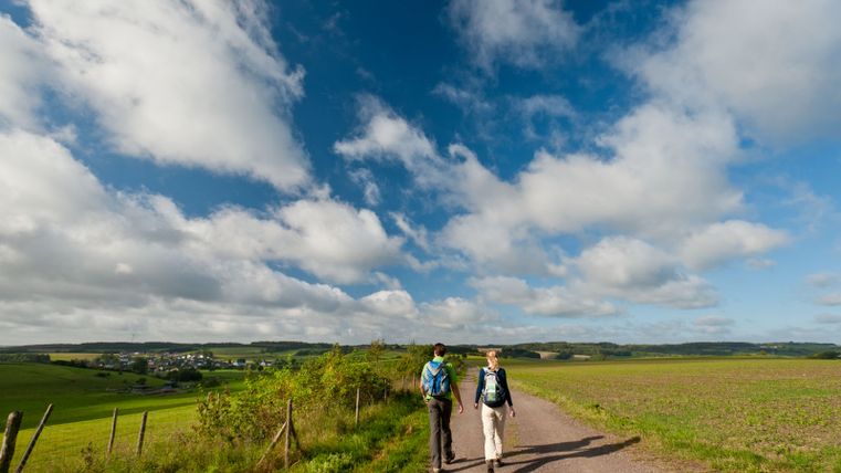 Zwei Wanderer auf einem ländlichen Weg unter blauem Himmel mit Wolken.