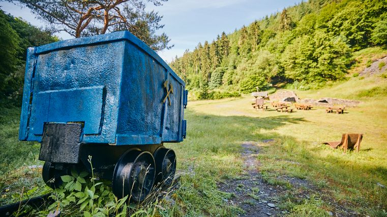 Ein alter blauer Förderwagen auf Gleisen vor einer Wiese mit Holzbänken, umgeben von Wald.