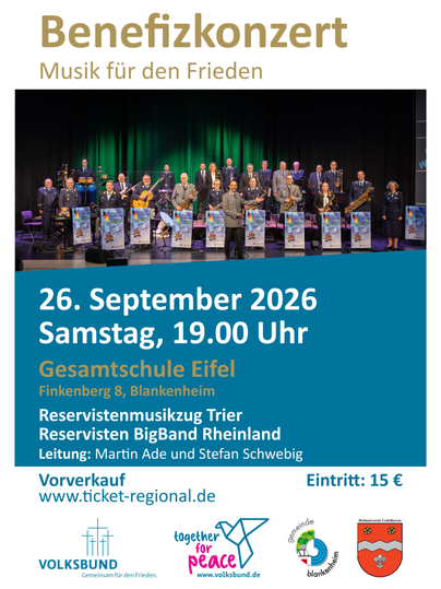 Ein Plakat für ein Benefizkonzert mit dem Titel „Musik für den Frieden“. Es zeigt Informationen über Datum, Uhrzeit, Ort und beteiligte Musiker.