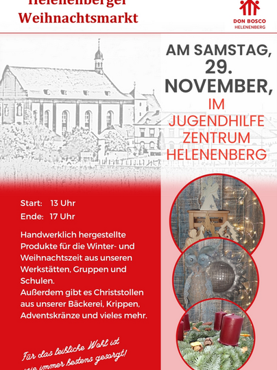 Ein Plakat für den Heleneberger Weihnachtsmarkt, das Datum und Details zur Veranstaltung anzeigt. Es werden handwerklich hergestellte Produkte und Christstollen angeboten.