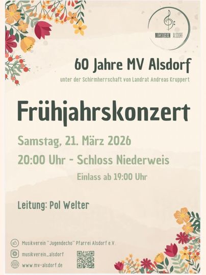 A poster for the spring concert of the Alsdorf Music Society for the 60th anniversary. It will take place on April 5, 2025, at Niederweis Castle, conducted by Pol Welter.