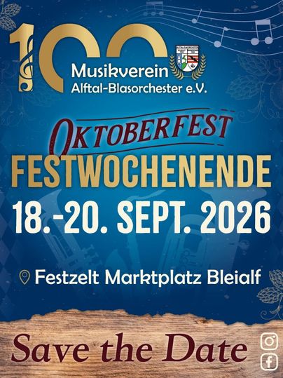 Ein Plakat für das Oktoberfest des Musikvereins Alftal-Blasorchester e.V. vom 18. bis 20. September 2026. Das Design ist festlich mit musikalischen Elementen.