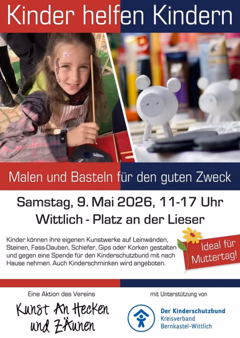 A girl paints and crafts for a good cause. It is an event that promotes children's art and collects donations for children in need.