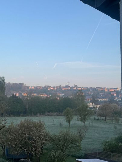 Eine sanfte Landschaft mit gefrorenem Gras und Bäumen. Im Hintergrund sind Häuser und ein klarer blauer Himmel sichtbar.
