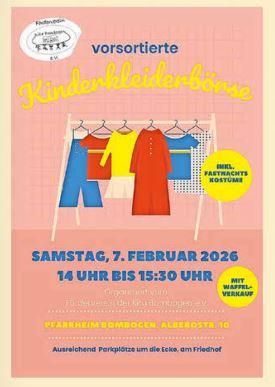 Une affiche colorée pour une vente de vêtements pour enfants. La vente aura lieu le 7 février 2026 de 14h à 15h30.