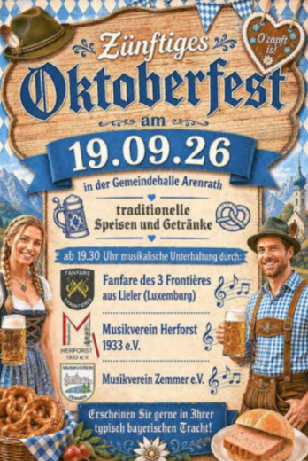 Une affiche pour la fête de la bière le 19.09.26 dans la salle municipale d'Arenrath. Elle présente des plats et des boissons bavarois traditionnels ainsi que des divertissements musicaux.