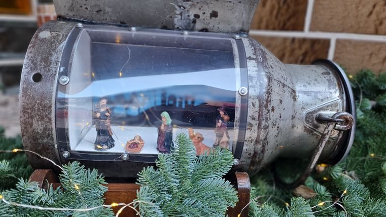 Weihnachtsszene in einer alten Milchkanne mit Figuren der Krippe, umgeben von Tannenzweigen und Lichterkette.