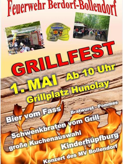 A poster for the barbecue festival of the Berdorf-Bollendorf fire department on May 1st. It provides information on food, drinks, and activities for children.
