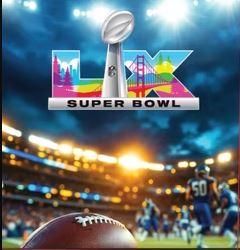 Une image avec le logo du Super Bowl LVII et un ballon de football au premier plan. En arrière-plan, des joueurs sont visibles sur le terrain.