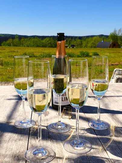 Een gezellige binnenruimte met houten meubels en een ronde tafellaken. Op de achtergrond is een houten vat en het uitzicht op de bergen zichtbaar.