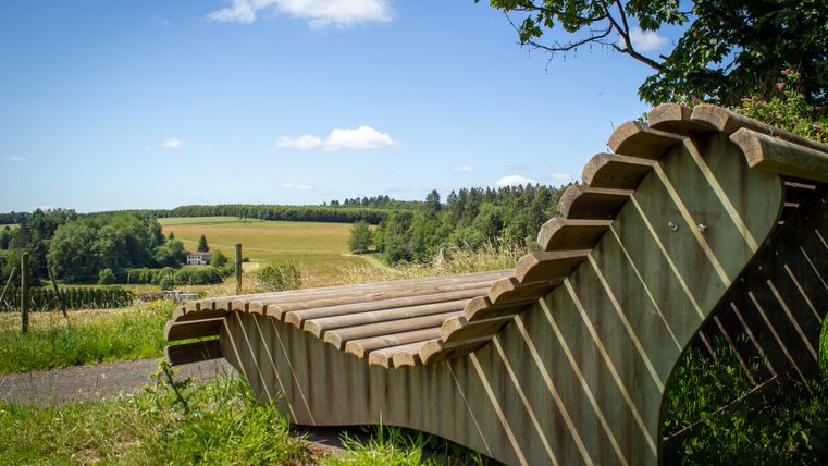 Holzliegebank mit Blick auf eine grüne Landschaft und blauen Himmel in Neidenbach.