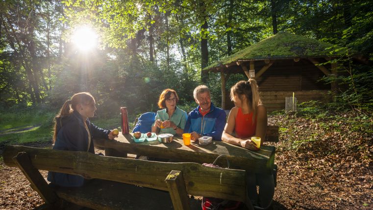 Vier mensen zitten aan een houten tafel in het bos, bij een met mos begroeide hut, in de zon.