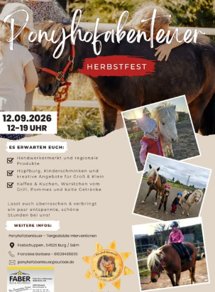 A flyer for an event called "Pony Taster". It shows children interacting with ponies and engaging in various activities in nature.