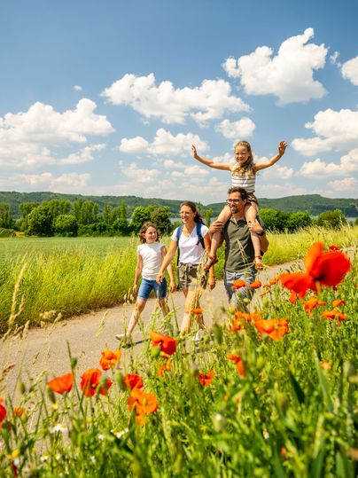 Eine Familie wandert entlang von Feldern und Wiesen