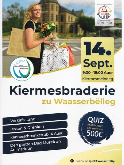 Ein Flyer für die Kirmesbraderie zu Wasserbüllig am 14. September von 9:00 bis 18:00 Uhr. Es werden Verkaufsstände, Essen und Trinken sowie ein Quiz mit Preisen angeboten.