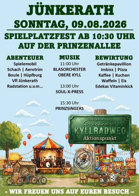 Ein Plakat für das Spielplatzfest in Jünkerath am 09.08.2026. Es zeigt verschiedene Aktivitäten, Musikaufführungen und gastronomische Angebote.