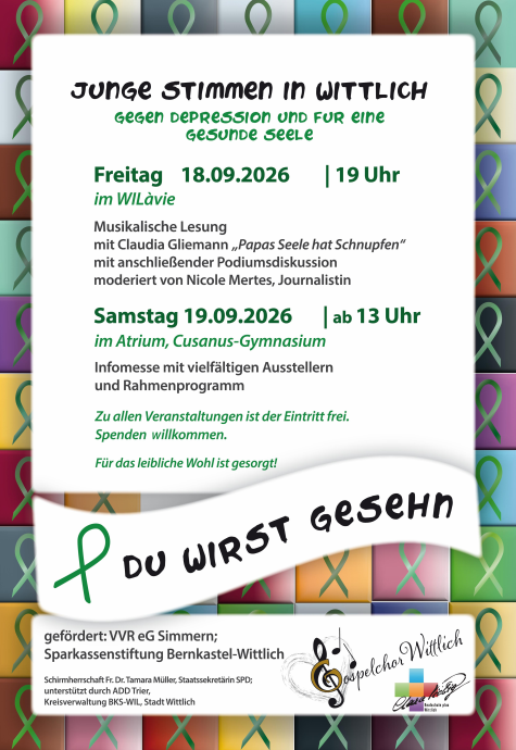 Une affiche pour un événement intitulé « Junge Stimmen in Wittlich », qui vise à lutter contre la dépression et à promouvoir le bien-être psychologique. Cet événement aura lieu les 18 et 19 septembre 2026 et proposera des concerts, des lectures et des stands d'information.