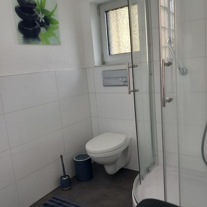 Een moderne badkamer met een douche en een toilet. Heldere tegels en een minimalistisch ontwerp creëren een schone sfeer.
