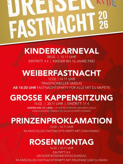 Une affiche colorée pour le Dreiser Fastnacht 2026. Elle présente divers événements tels que le carnaval des enfants, le Weiberfastnacht et une grande séance de cabaret.