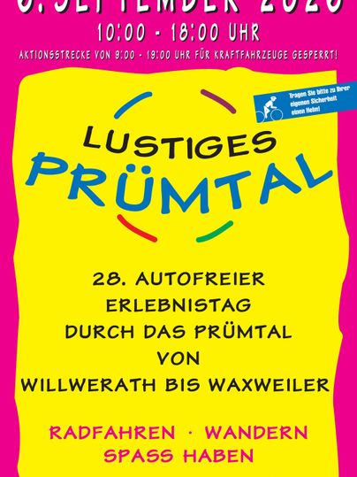 Ein farbenfrohes Plakat für ein autofreies Erlebnis im Prümertal. Das Event findet am Sonntag, den 6. September 2026, statt und bietet Aktivitäten wie Radfahren und Wandern.