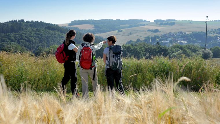 Trois personnes se promènent le long d'un chemin de terre et profitent de la vue sur la vallée.