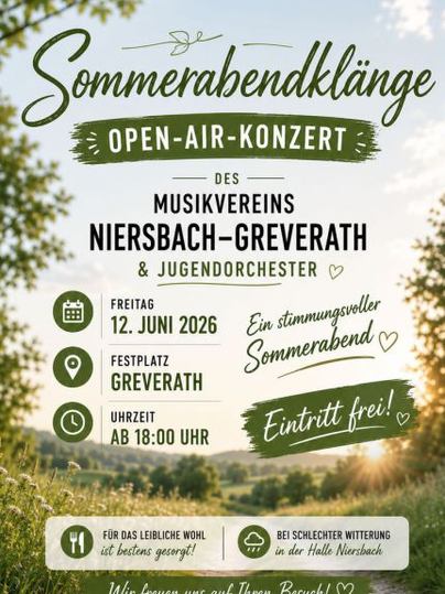 Ein Plakat für ein Gemeinschaftskonzert des MV Niersbach-Greverath und MV Zeltingen-Rachtig. Das Konzert findet am 15. März 2025 in der Halle Niersbach statt und trägt das Motto „Eifel meets Mosel“.