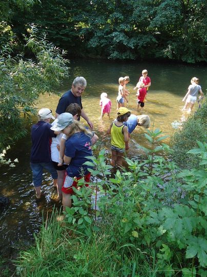 Een groep kinderen spettert in een ondiep gedeelte van een rivier, omringd door bomen en struiken.