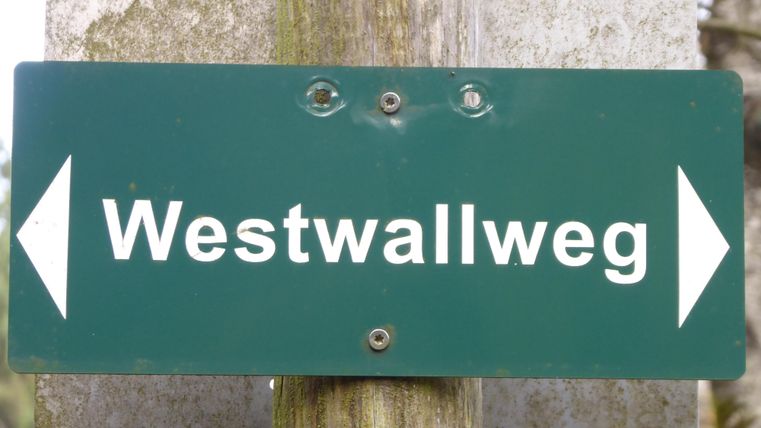 Ein grünes Wegschild zeigt den Weg zum Westwallweg an. Es gibt Pfeile nach links und rechts.