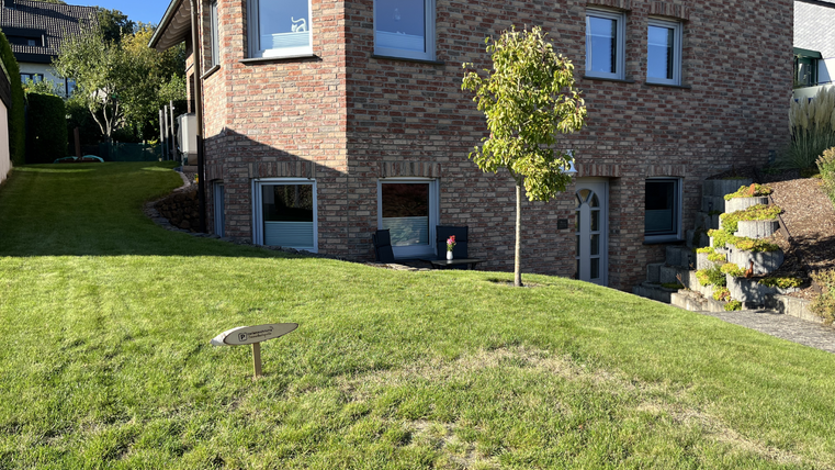 Une maison moderne en briques rouges avec de grandes fenêtres. Au premier plan, il y a un jardin bien entretenu avec un petit arbre et de douces pelouses.