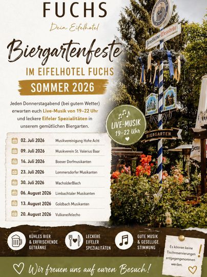 A poster for the beer garden festival at Eifelhotel Fuchs for the summer of 2026. It displays information about live music and special culinary offerings every Thursday.