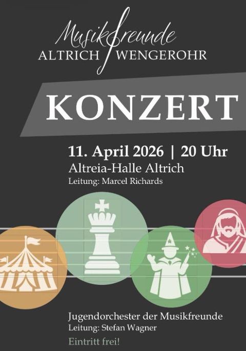 Een poster voor een jubileumconcert van de Muziekvrienden Altrich-Wengerrohr. Het toont de tekst "groen" en een trompetsymbool op een achtergrond van klavertjes.