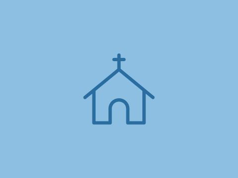 Une simple icône d'une église sur un fond bleu. L'église a un clocher en forme de croix et une entrée ouverte.