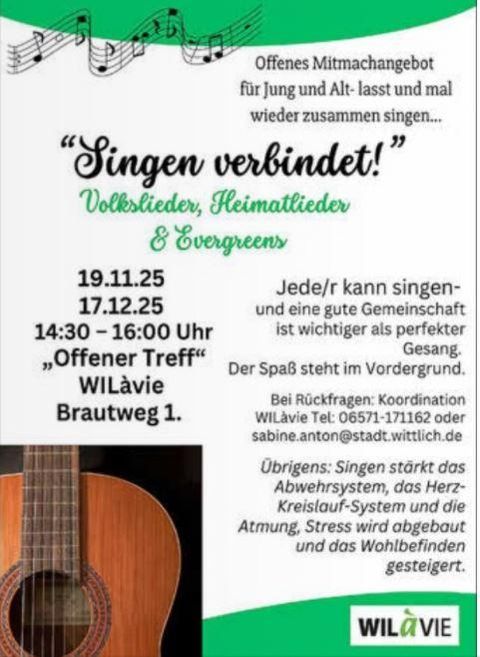 Een poster voor een zingend evenement met de titel "Zingen verbindt!". Er vindt een open deelname-aanbod voor jong en oud plaats, dat volksliederen, thuisliederen en evergreens omvat.