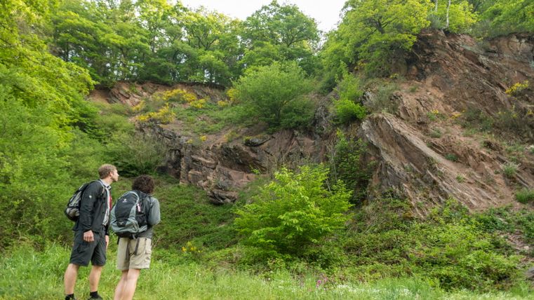 Two hikers contemplate a rocky landscape on the Eifelsteig, surrounded by lush greenery and trees.