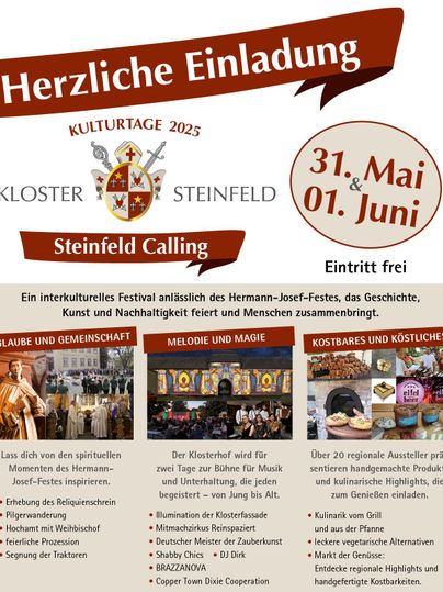 Een uitnodigend poster voor de cultuur- en feestdagen 2025 in het klooster Steinfeld. Het benadrukt het interculturele feest met activiteiten over geloof, muziek en regionale lekkernijen.