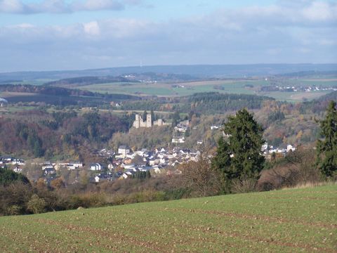 Een schilderachtig uitzicht op een dorp met een kasteel op de achtergrond. Het landschap is groen en heuvelachtig, onder een blauwe lucht.