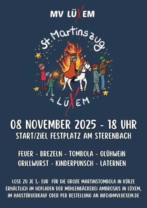 Ein fröhliches Plakat für den St. Martinszug in Lüxem, das den feierlichen Umzug mit Feuer, traditionellem Essen und Aktivitäten bewirbt. Das Event findet am 8. November 2025 um 18 Uhr statt.