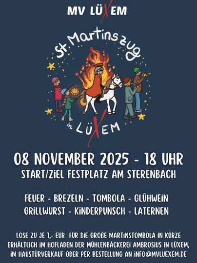 Ein fröhliches Plakat für den St. Martinszug in Lüxem, das den feierlichen Umzug mit Feuer, traditionellem Essen und Aktivitäten bewirbt. Das Event findet am 8. November 2025 um 18 Uhr statt.