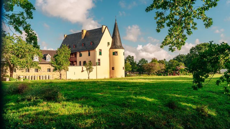 Ein malerisches Schloss mit einem spitzen Turm, umgeben von einer grünen Wiese. Im Hintergrund sind Bäume und ein blauer Himmel zu sehen.