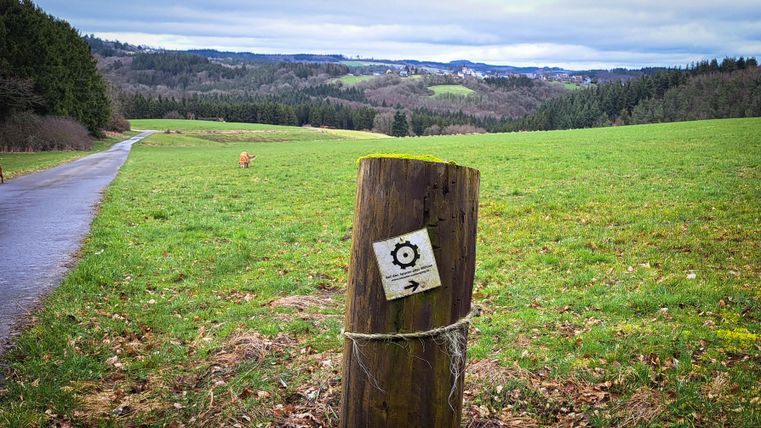 Ein Wegweiser an einem Holzpfahl in einer grünen Landschaft. Im Hintergrund sind sanfte Hügel und ein bewölkter Himmel zu sehen.
