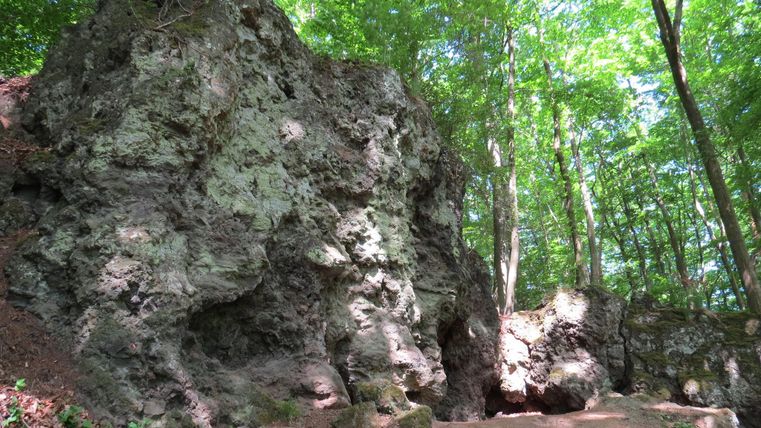 Een grote rotsformatie in een bos met groene bomen. Het pad is aards en omgeven door de natuur.