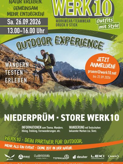 Een advertentie voor een buitenactiviteit met de titel "Outdoor Experience". Er worden wandelingen en activiteiten gepromoot die plaatsvinden op 26 september 2026.