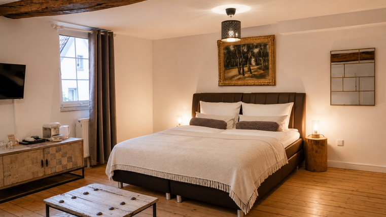 Een gezellige slaapkamer met een groot bed en neutrale tinten. Er is een tv, houten vloeren en een kunstwerk aan de muur.