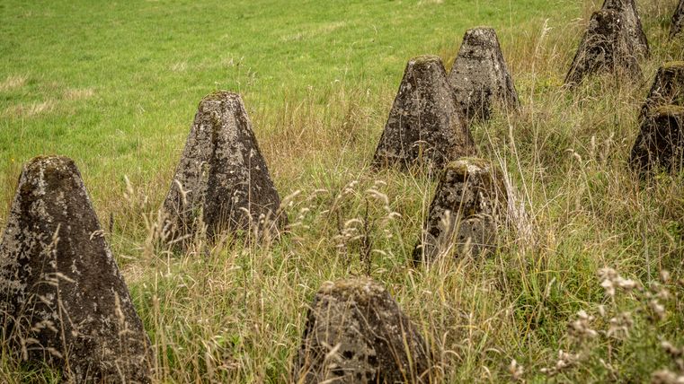 Row of anti-tank barriers on a meadow.