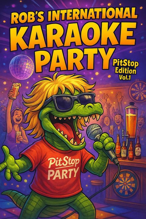 Een vrolijke, cartoonachtige dinosauruss met een zonnebril zingt in een microfoon. Om hem heen zijn er party-sfeer en drankjes te zien.