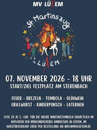 Ein fröhliches Plakat für den St. Martinszug in Lüxem, das den feierlichen Umzug mit Feuer, traditionellem Essen und Aktivitäten bewirbt. Das Event findet am 8. November 2025 um 18 Uhr statt.